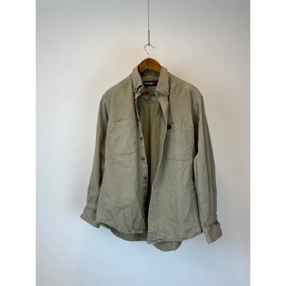 Wrangler Button Down Shirt Mens L Tan Riggs Workwear Twill Utility Rugged